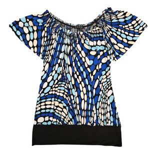 Fang Women Blue White Geometric Pebble Print Smocked Off Shoulder Blouse Size M